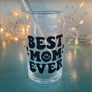 Handmade 16oz glass with glass straw / Best Mom Ever in black sparkles
